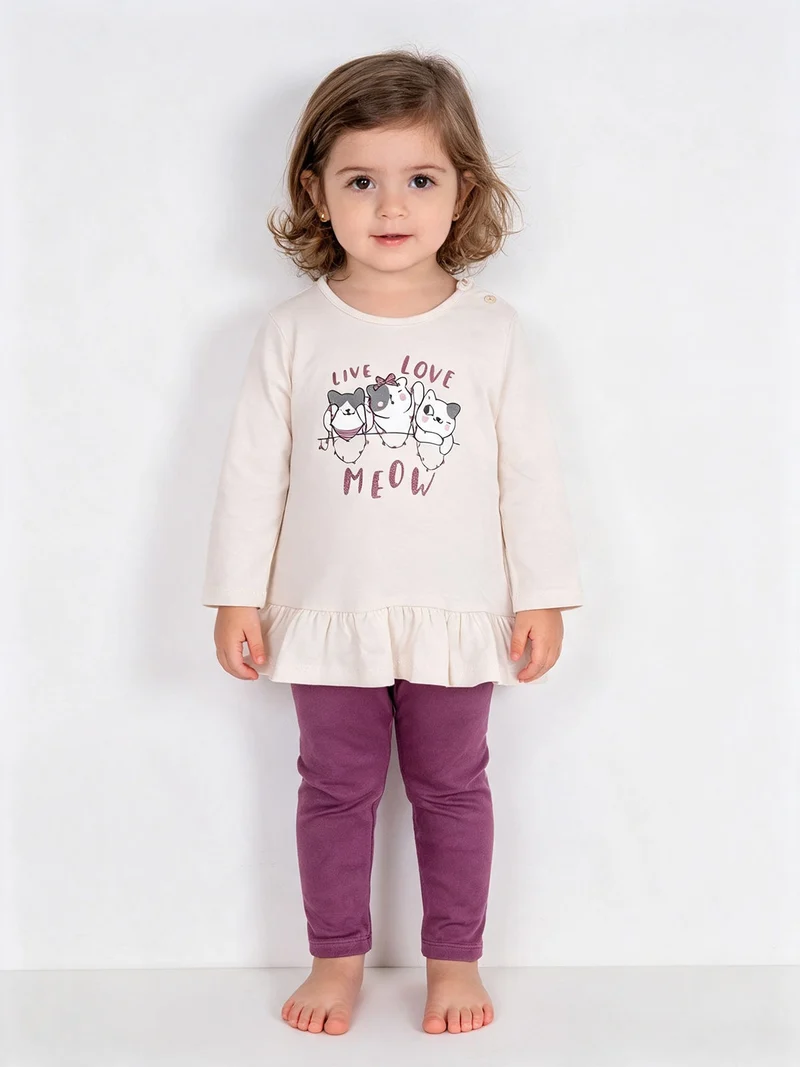 Completo lungo da neonata con maglietta e leggings in ciniglia - beige