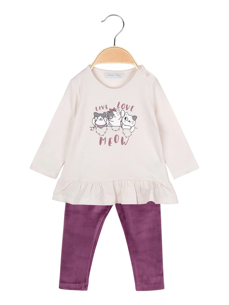 Completo lungo da neonata con maglietta e leggings in ciniglia - beige