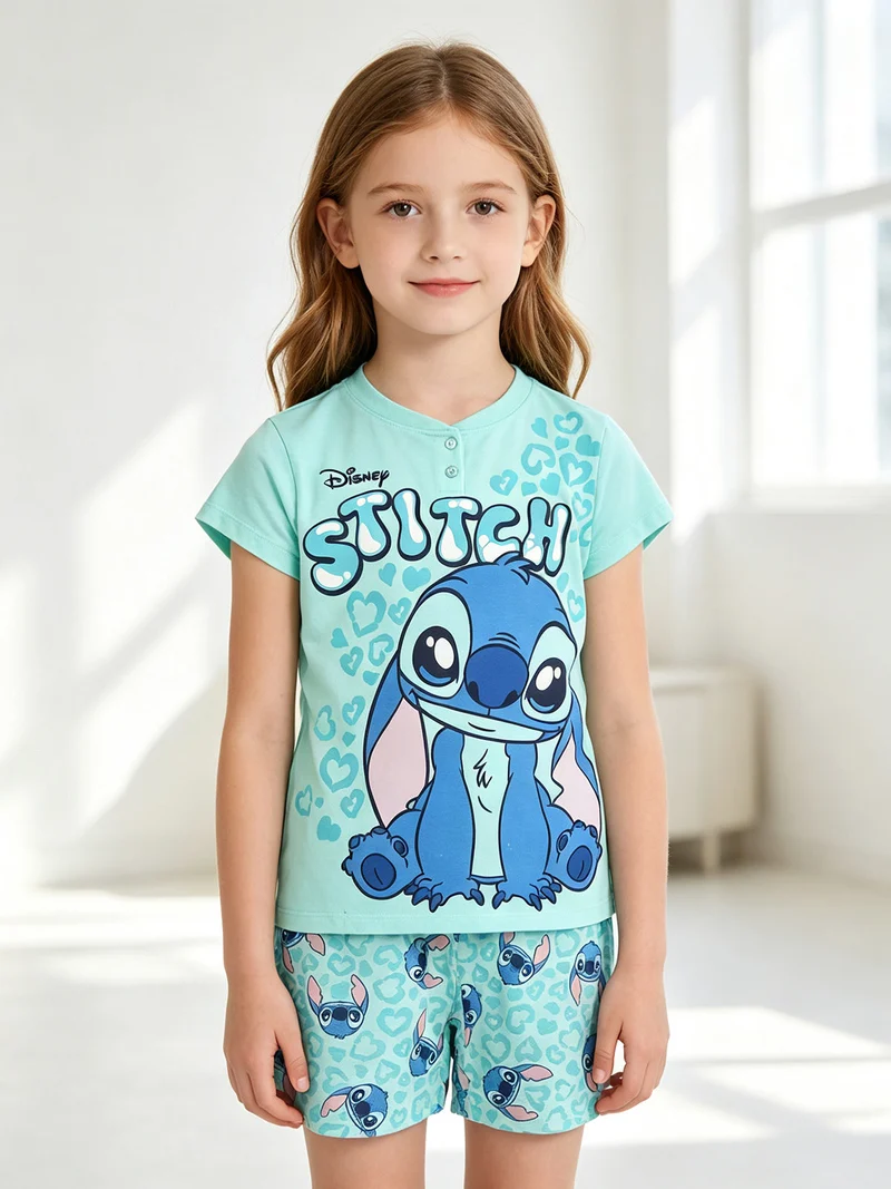 Stitch pigiama corto da bambina in cotone - acqua marina