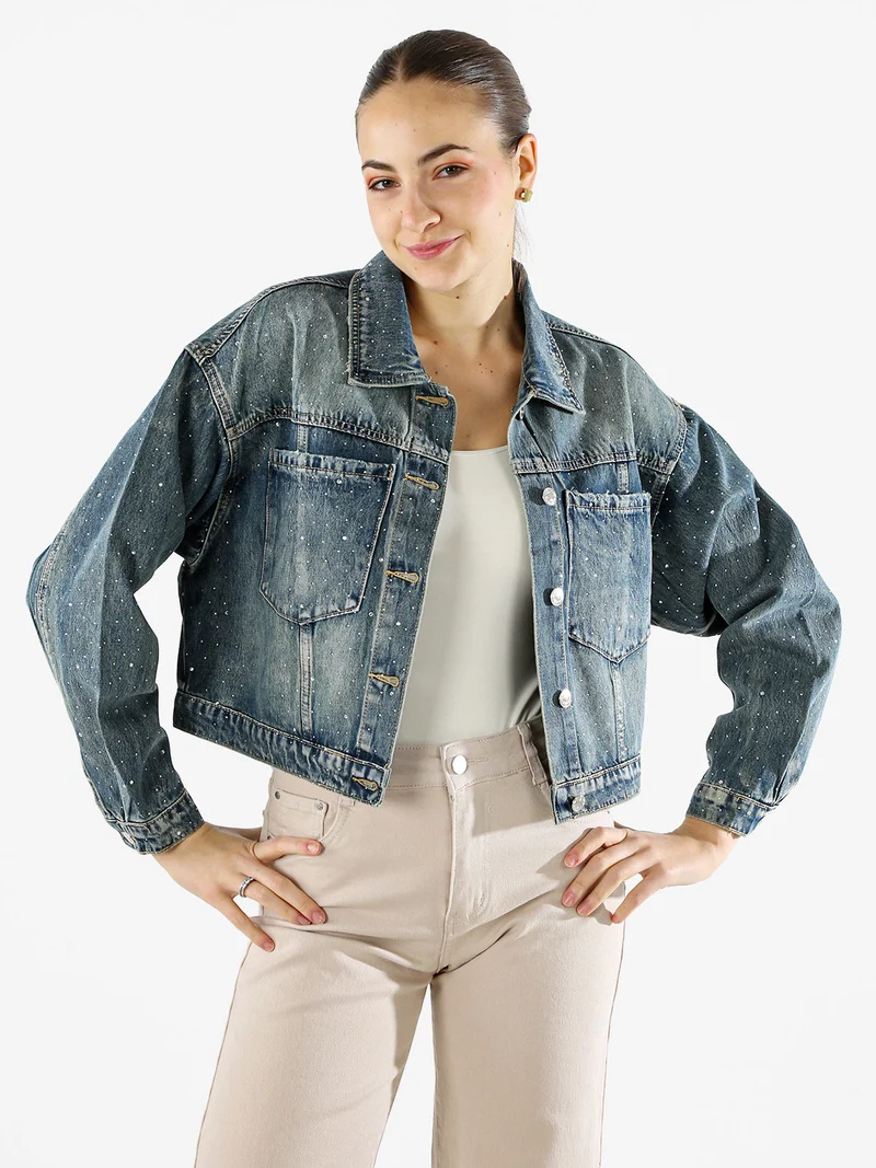 Giacca donna in jeans oversize con strass - jeans