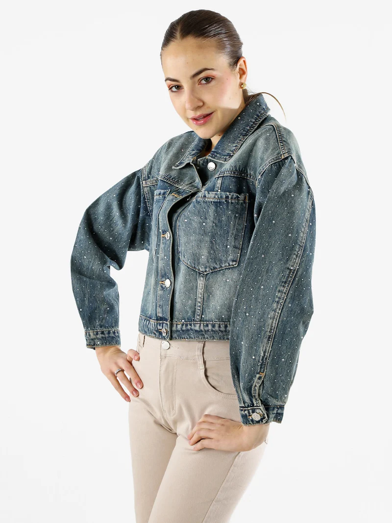 Giacca donna in jeans oversize con strass - jeans