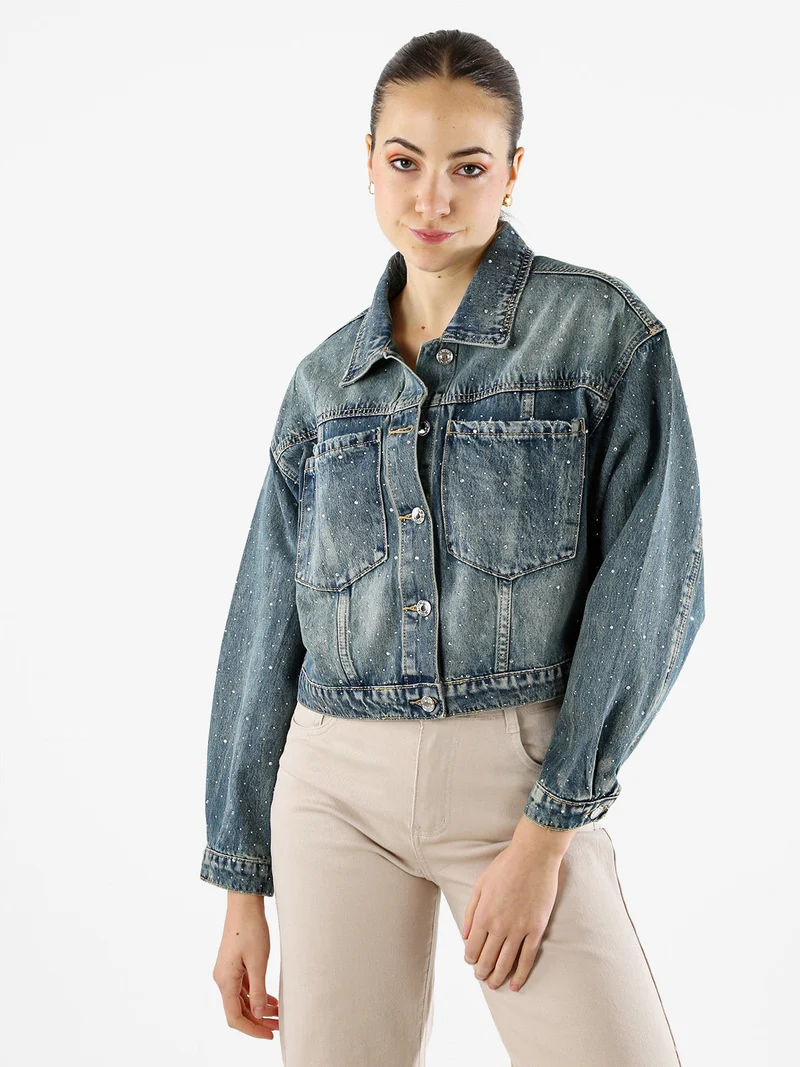Giacca donna in jeans oversize con strass - jeans