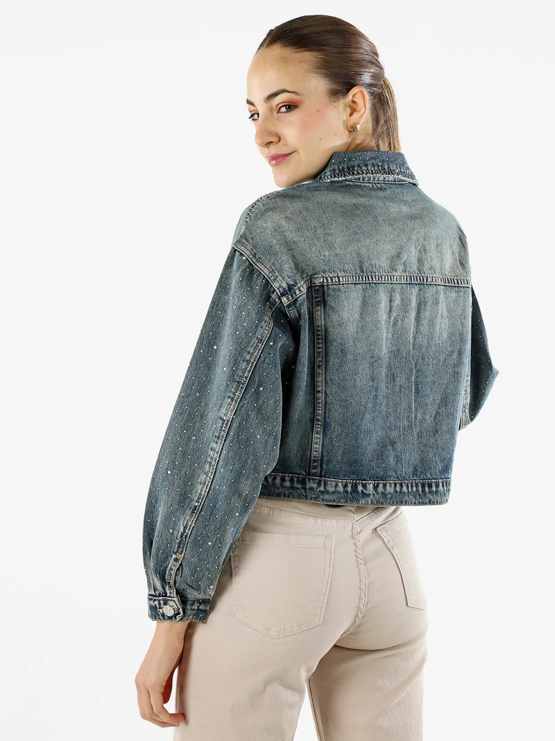 Giacca donna in jeans oversize con strass - jeans
