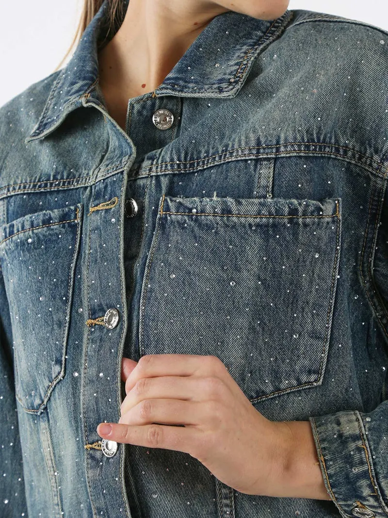 Giacca donna in jeans oversize con strass - jeans