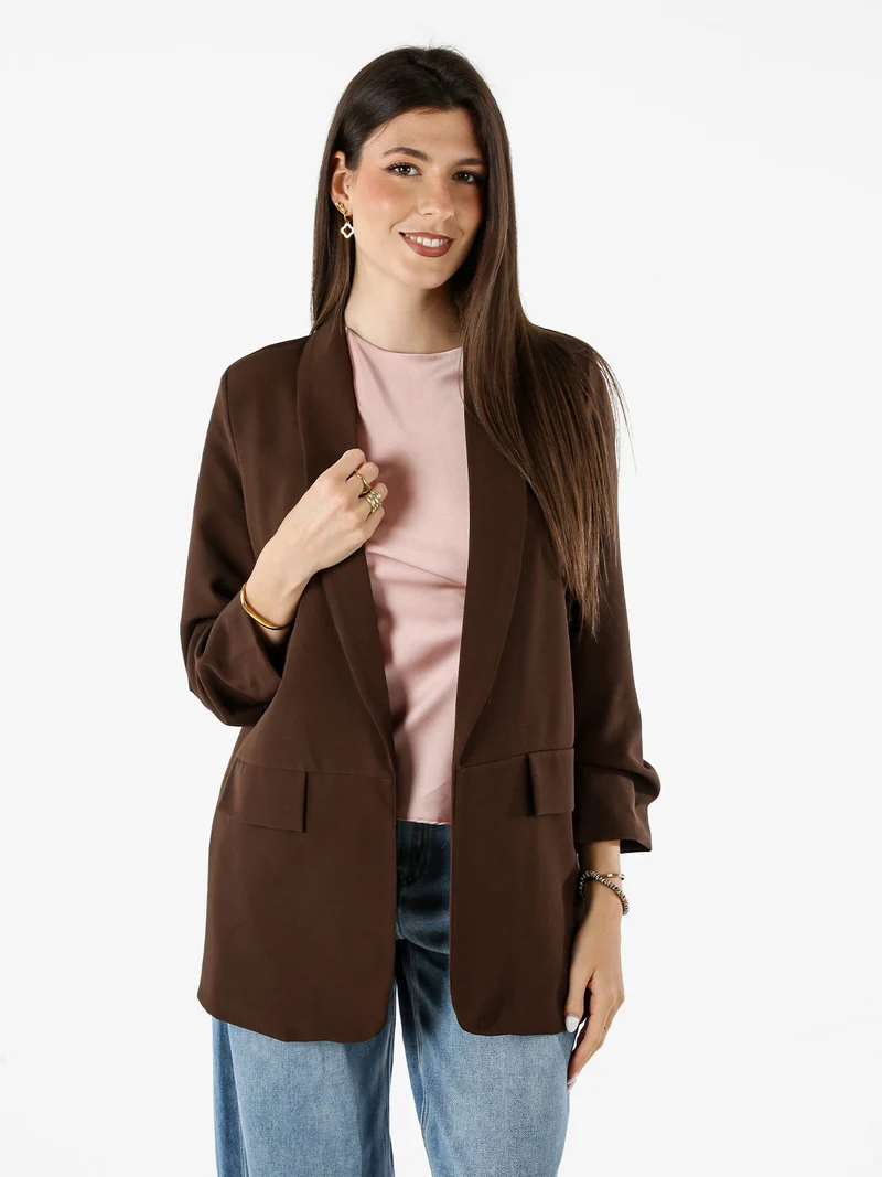 Blazer donna aperto con maniche arricciate - moro