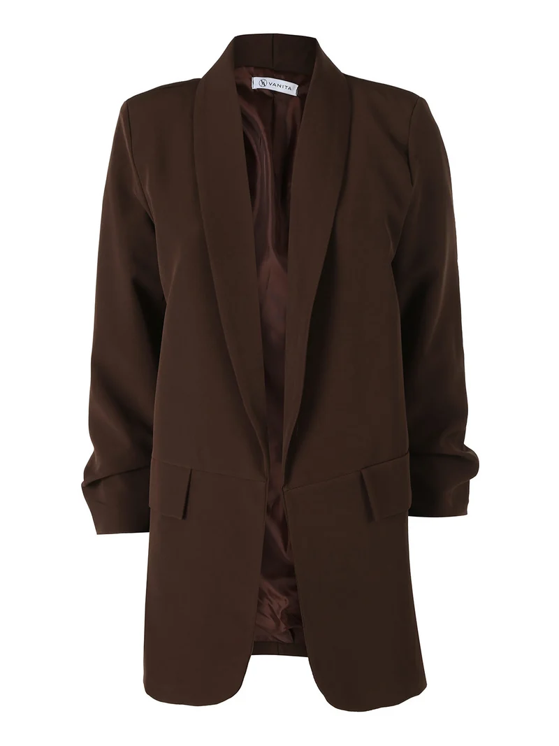 Blazer donna aperto con maniche arricciate - moro