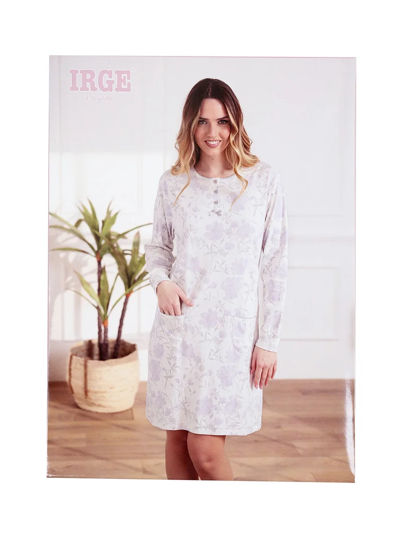 Camicia da notte fiorata a maniche lunghe in cotone interlock - lilla