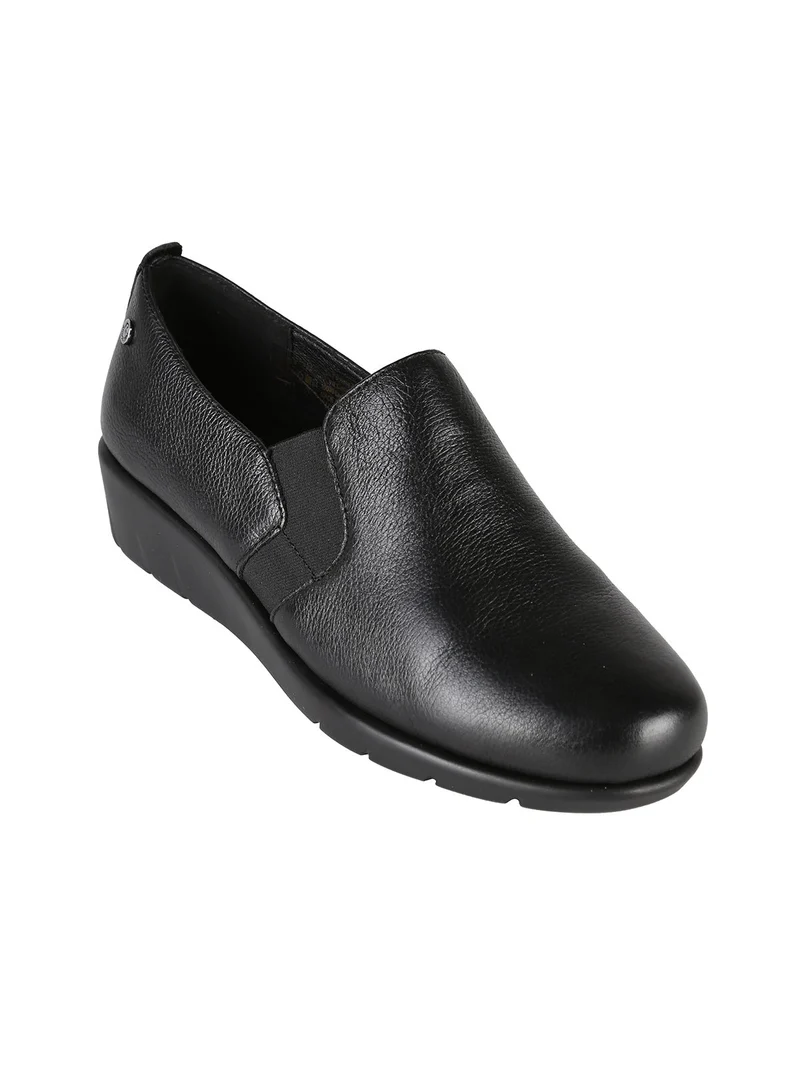 Mocassini comfort in pelle da donna con zeppa - nero
