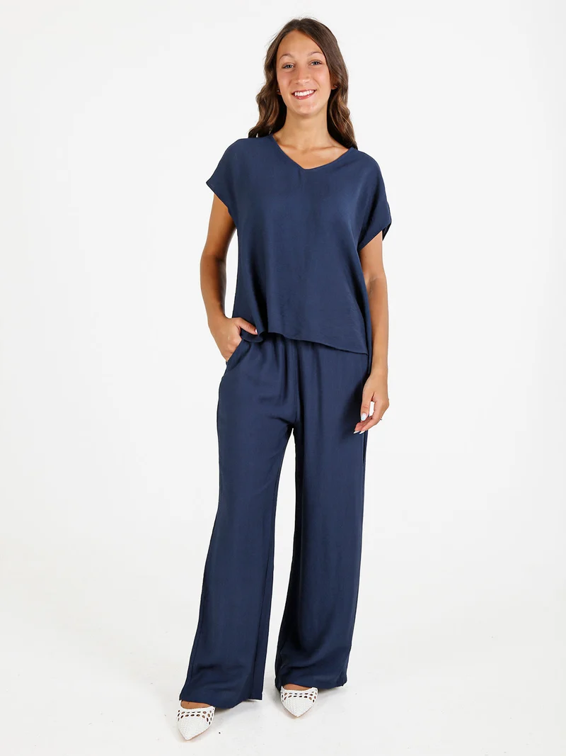 Pantaloni donna in viscosa a gamba larga - blu scuro