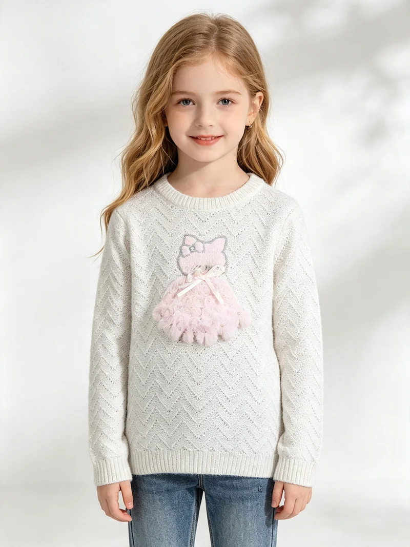 Maglione lurex da bambina con dettaglio in tulle - bianco