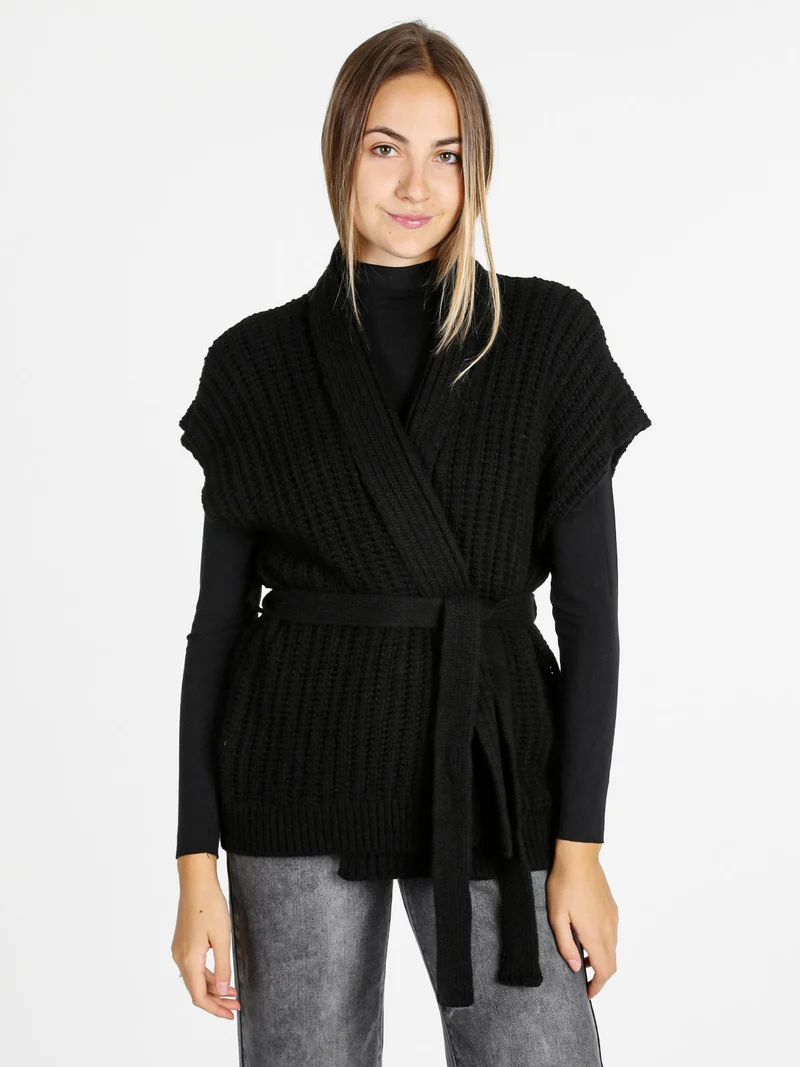 Cardigan donna smanicato in maglia traforata con cintura - nero