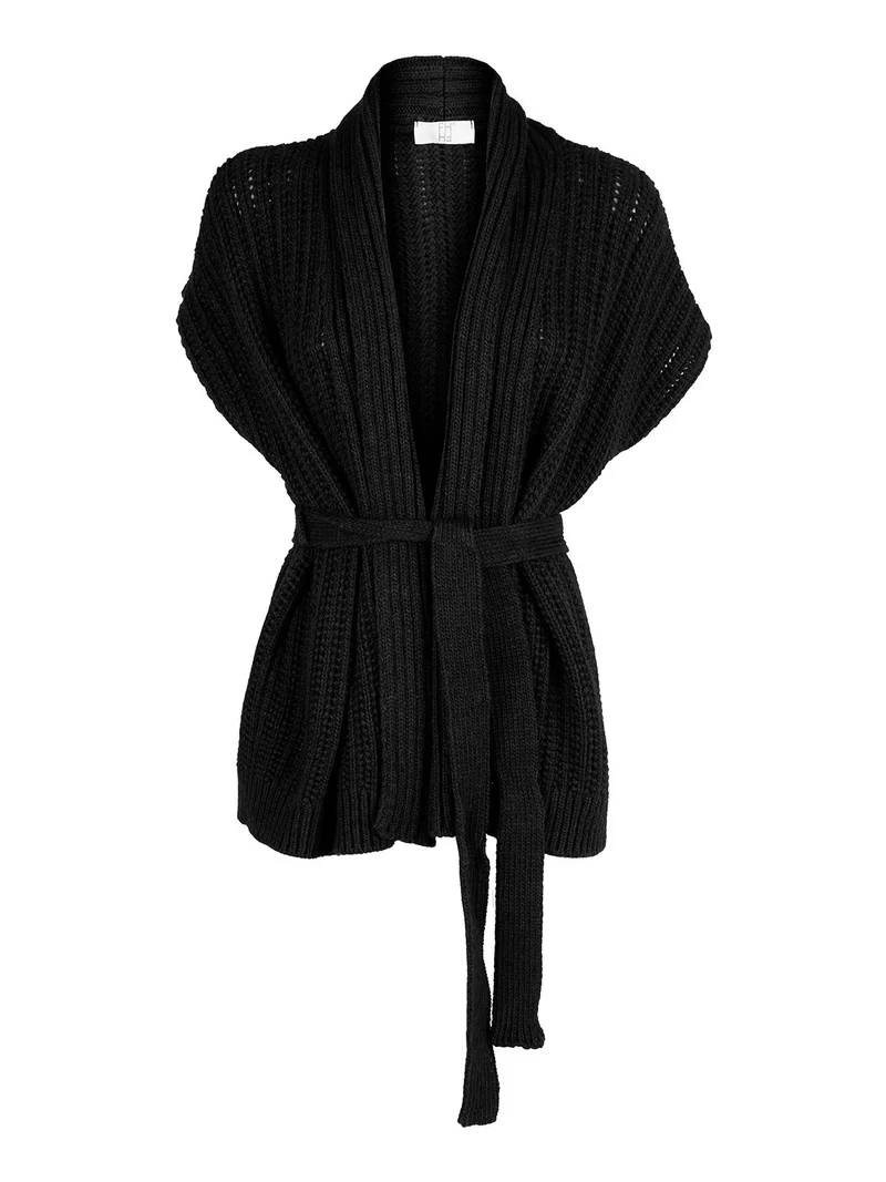 Cardigan donna smanicato in maglia traforata con cintura - nero