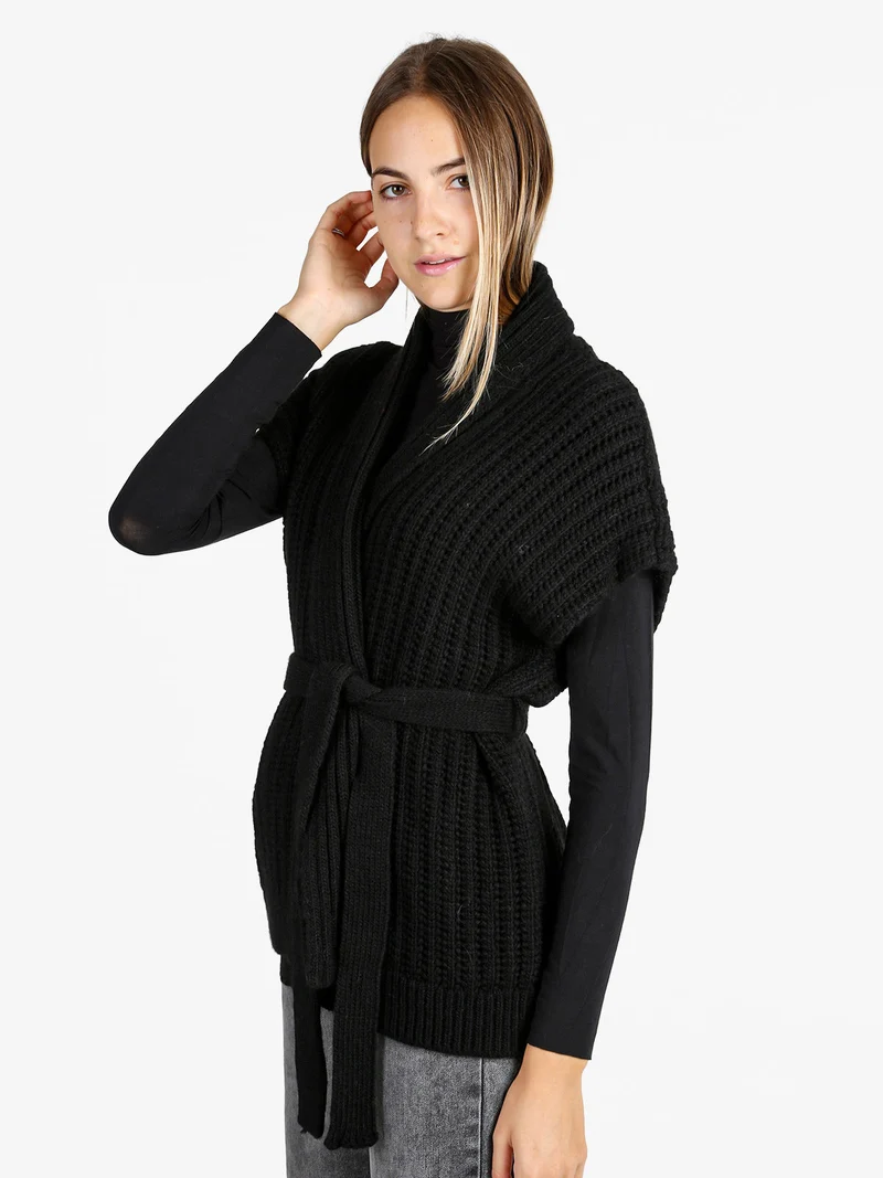 Cardigan donna smanicato in maglia traforata con cintura - nero