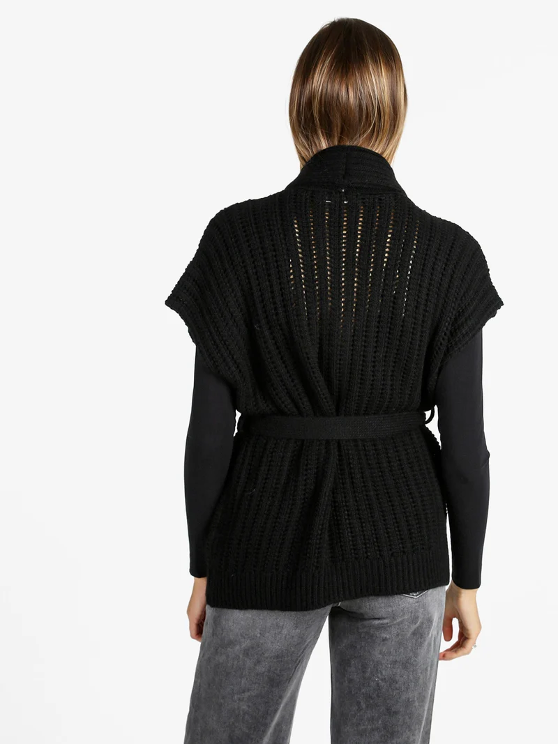 Cardigan donna smanicato in maglia traforata con cintura - nero