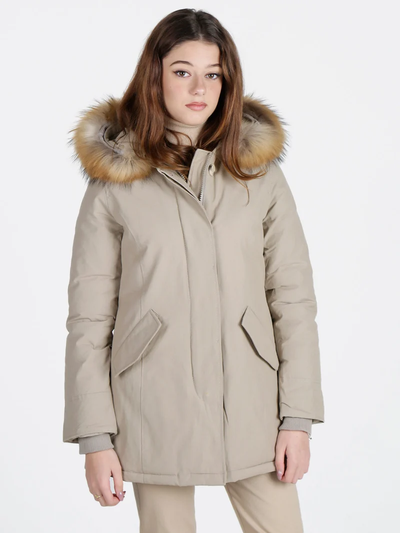 Giubbotto donna con cappuccio peloso - beige