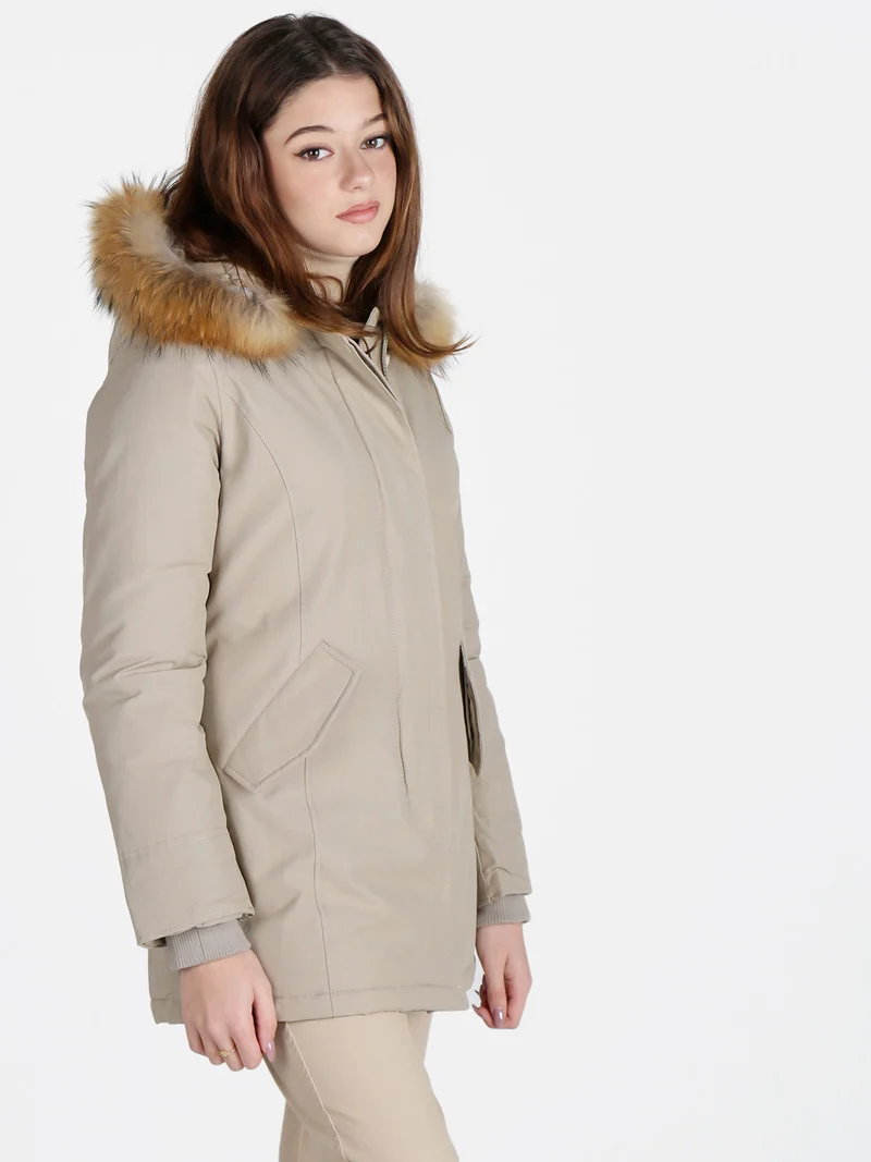 Giubbotto donna con cappuccio peloso - beige