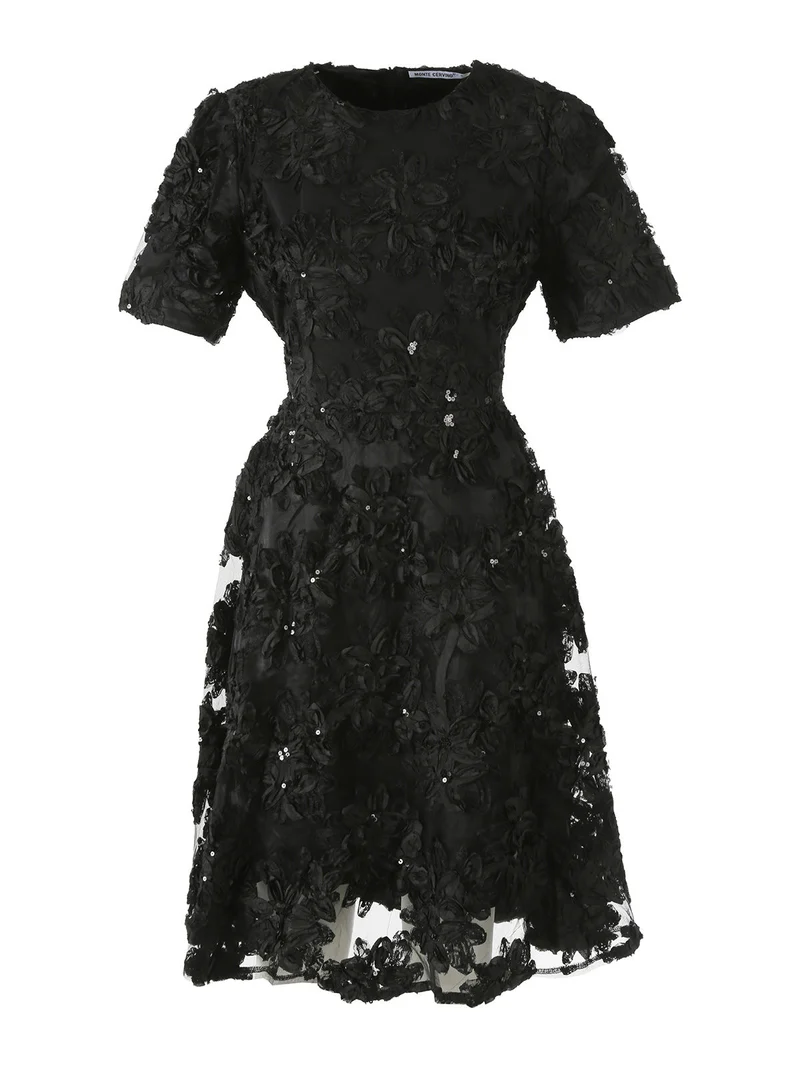 Abito donna in tulle con ricami a fiori e maniche corte - nero