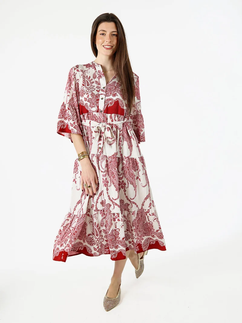Abito lungo da donna con stampe e maniche corte a campana - rosso
