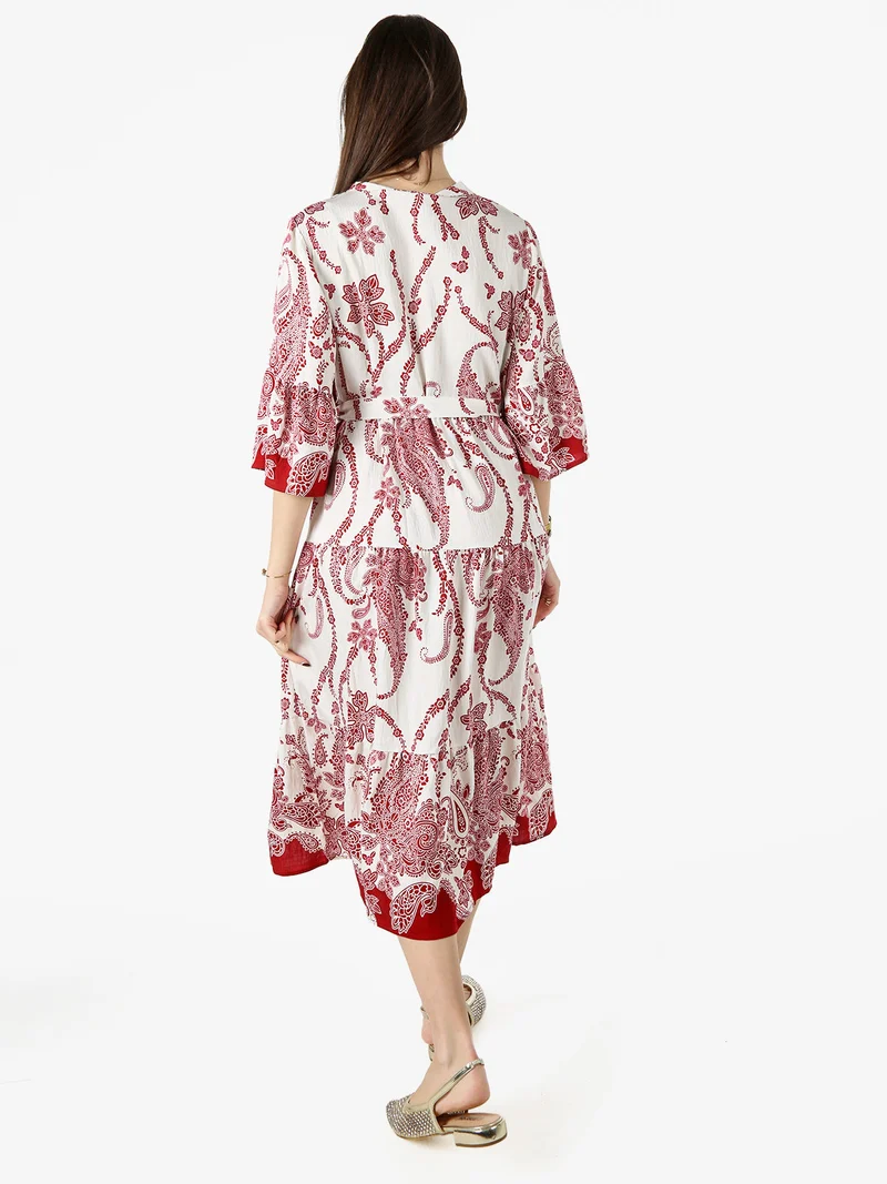 Abito lungo da donna con stampe e maniche corte a campana - rosso