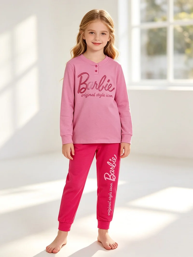 Pigiama lungo da bambina in cotone interlock - rosa