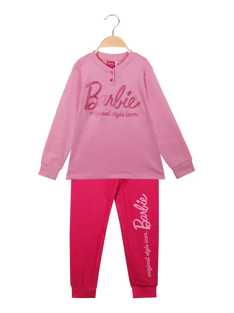 Pigiama lungo da bambina in cotone interlock - rosa