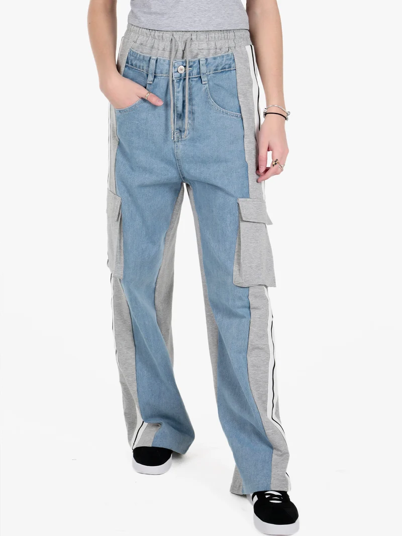 Pantaloni donna a gamba larga con tasconi e coulisse - grigio