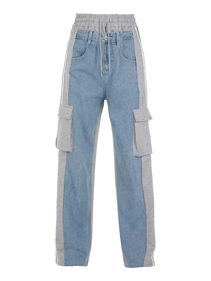 Pantaloni donna a gamba larga con tasconi e coulisse - grigio