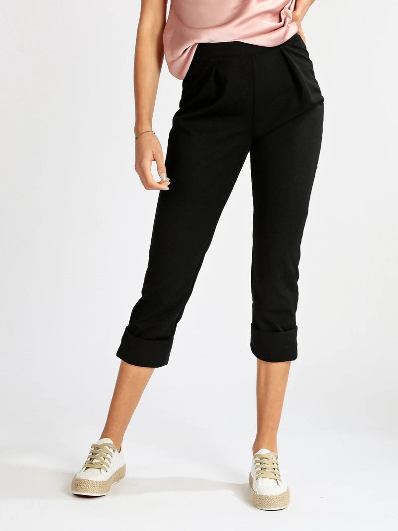 Pantaloni morbidi donna con risvolto - nero