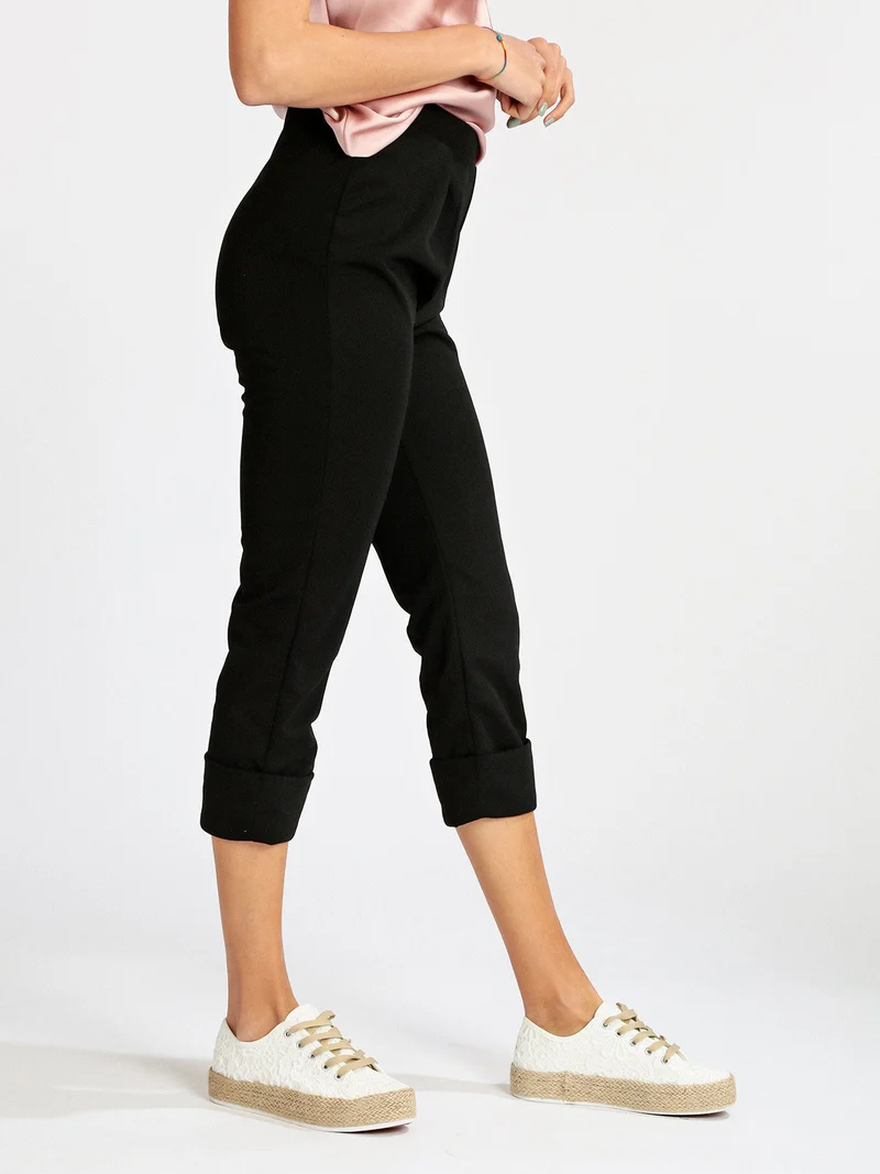 Pantaloni morbidi donna con risvolto - nero