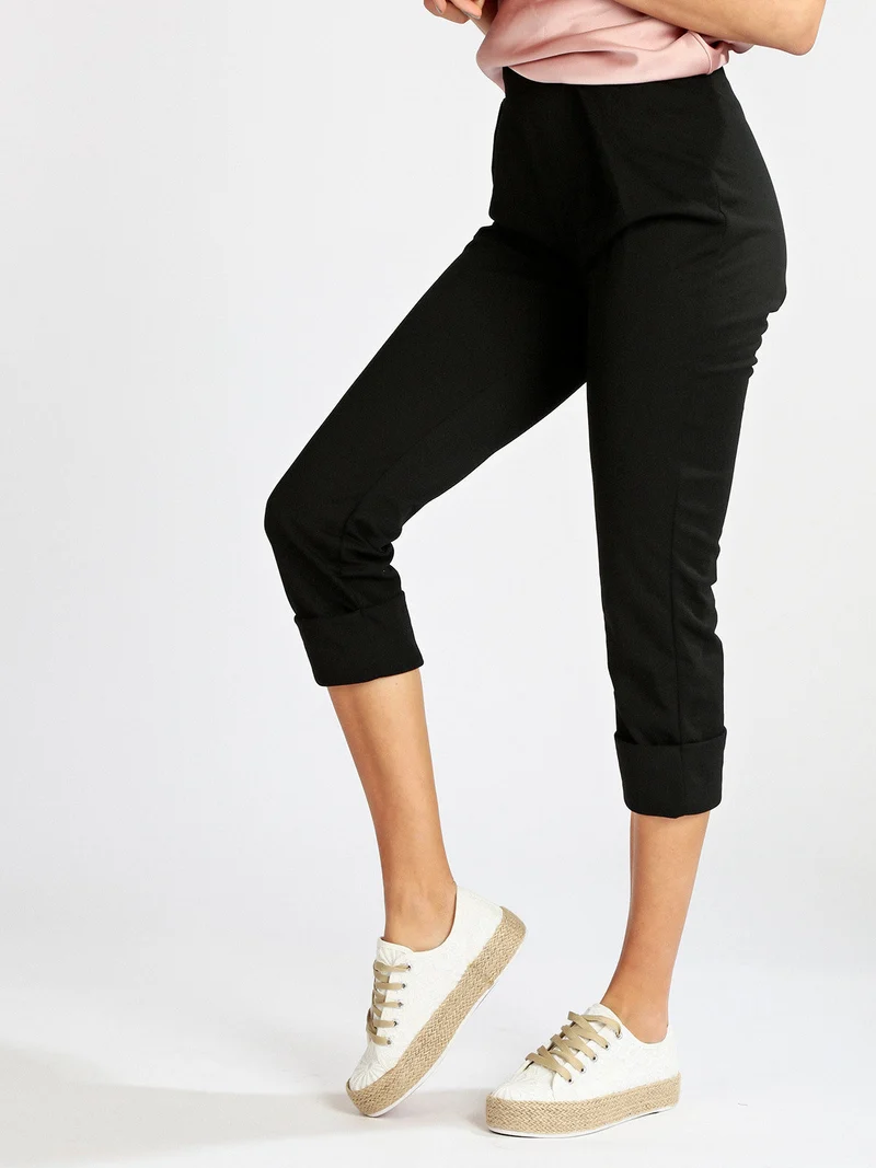 Pantaloni morbidi donna con risvolto - nero