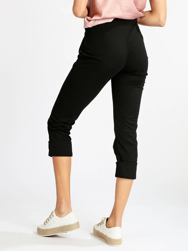 Pantaloni morbidi donna con risvolto - nero