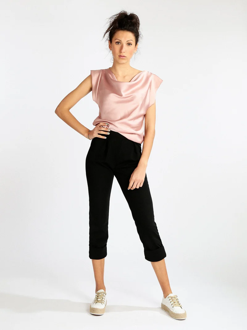 Pantaloni morbidi donna con risvolto - nero