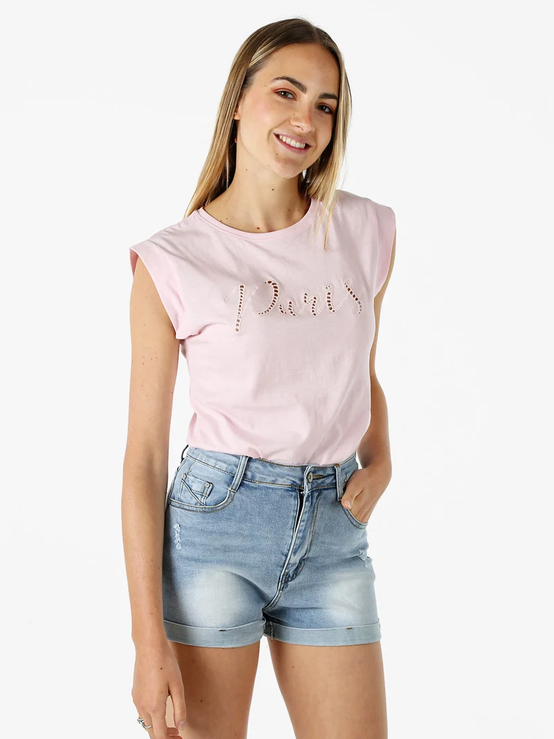 T-shirt donna in cotone con ricamo - rosa