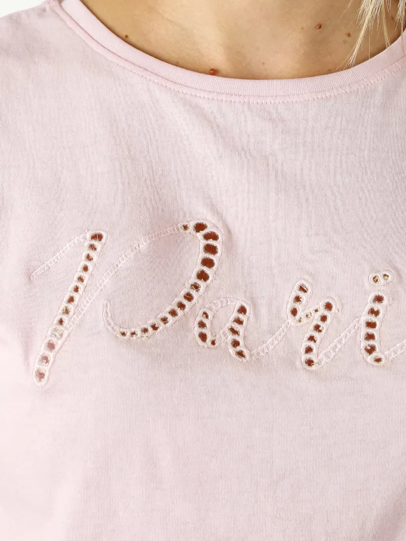 T-shirt donna in cotone con ricamo - rosa