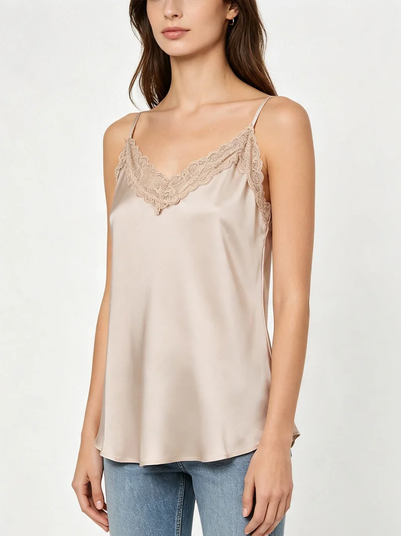 Top donna effetto raso con scollo in pizzo e spalline strette - beige