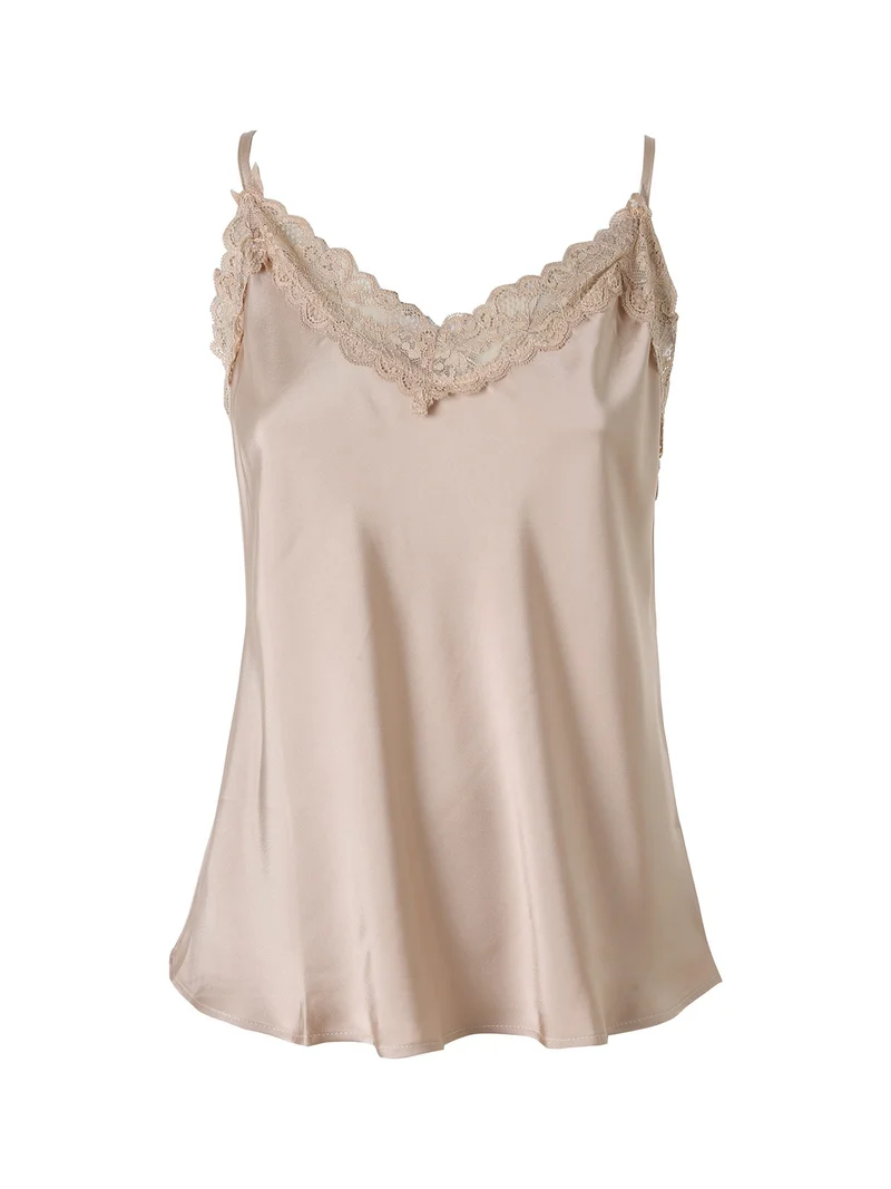 Top donna effetto raso con scollo in pizzo e spalline strette - beige