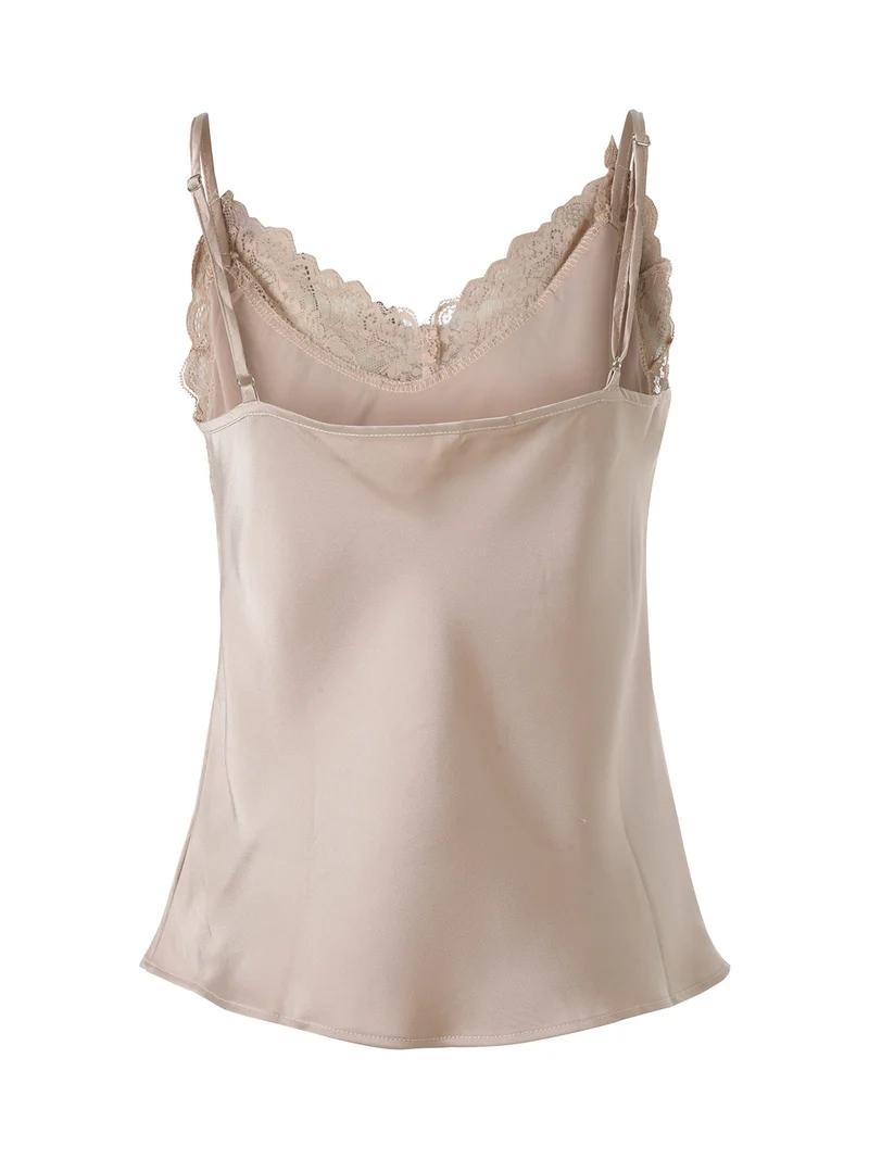 Top donna effetto raso con scollo in pizzo e spalline strette - beige