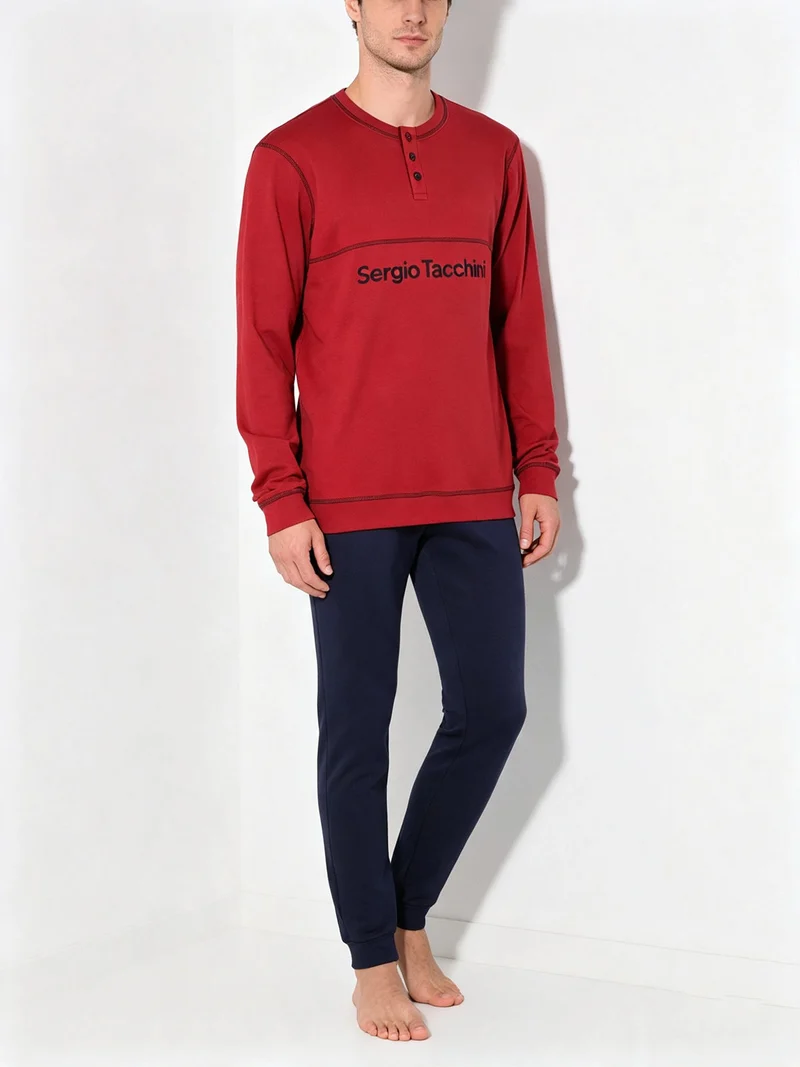 Pigiama lungo da uomo in cotone interlock - bordeaux