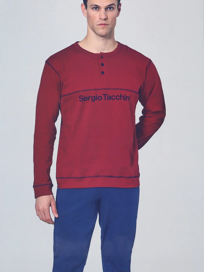 Pigiama lungo da uomo in cotone interlock - bordeaux