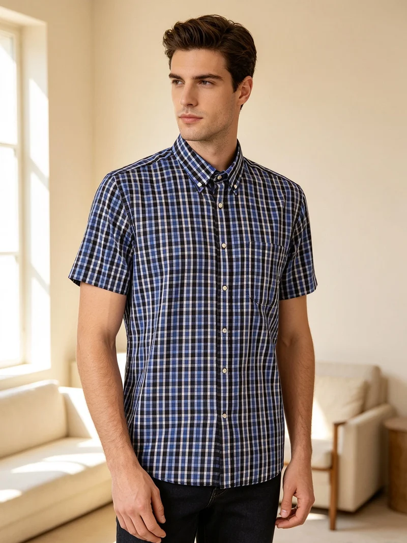 Camicia da uomo in cotone a maniche corte con stampa a quadri e taschino - bluette