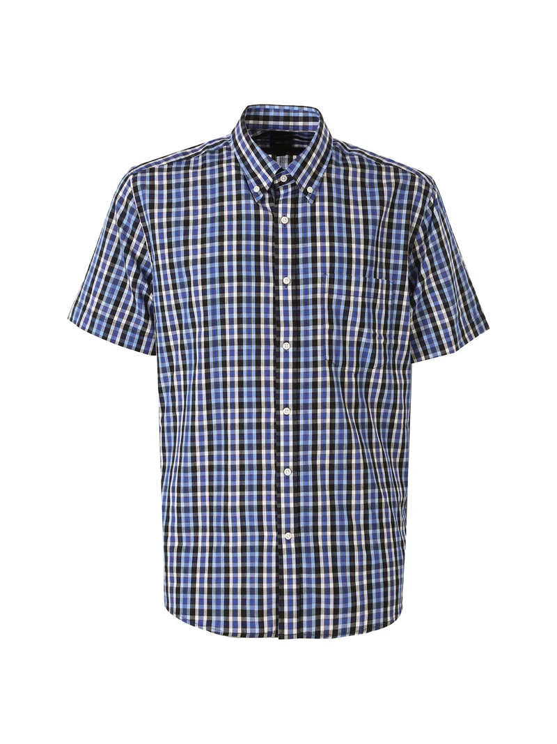 Camicia da uomo in cotone a maniche corte con stampa a quadri e taschino - bluette