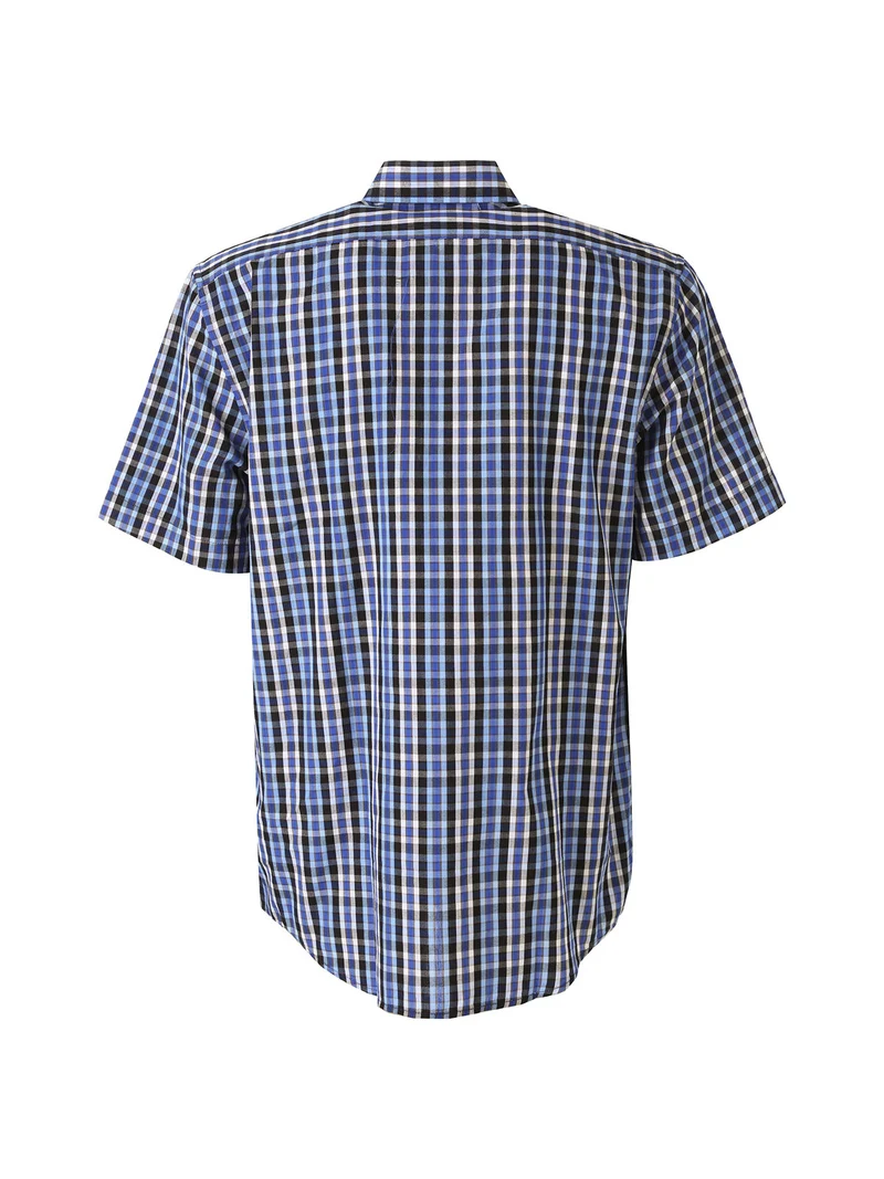 Camicia da uomo in cotone a maniche corte con stampa a quadri e taschino - bluette