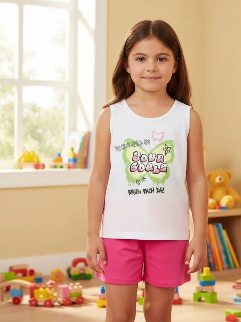 Completo corto da bambina con canotta e shorts in cotone - bianco