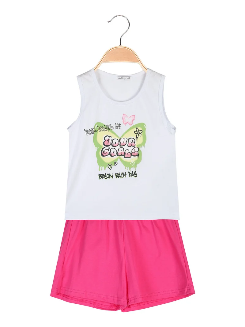 Completo corto da bambina con canotta e shorts in cotone - bianco