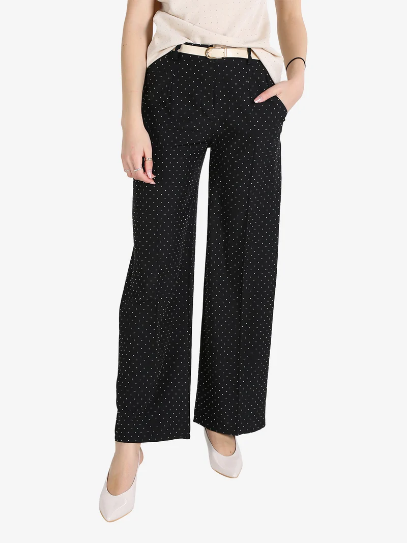 Pantaloni donna a gamba larga con strass - nero