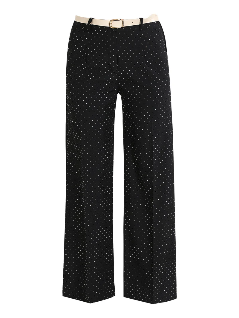 Pantaloni donna a gamba larga con strass - nero