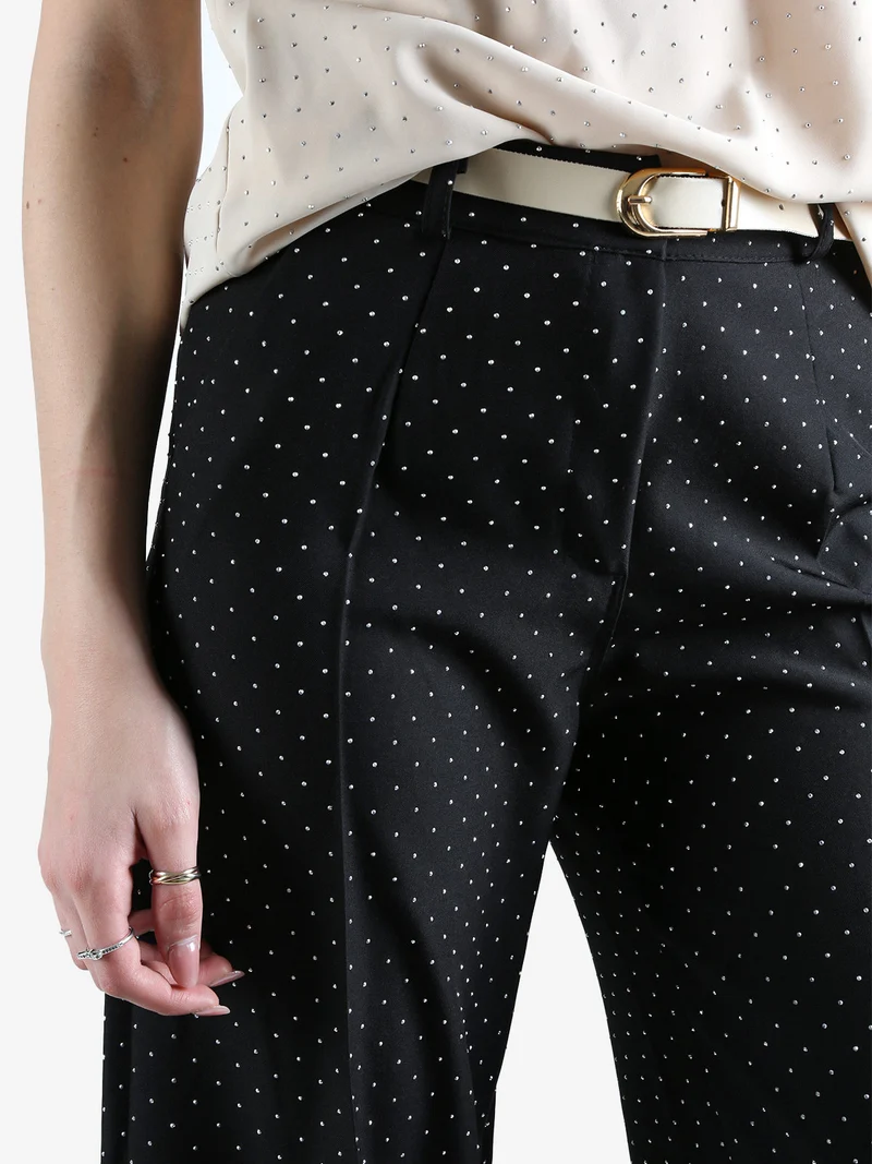 Pantaloni donna a gamba larga con strass - nero