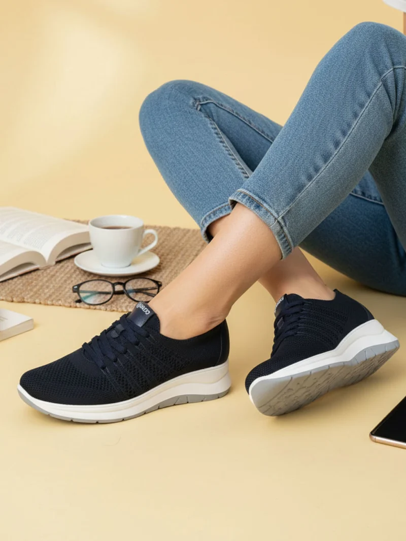 Sneakers donna in maglia con plantare in pelle e zeppa - blu scuro