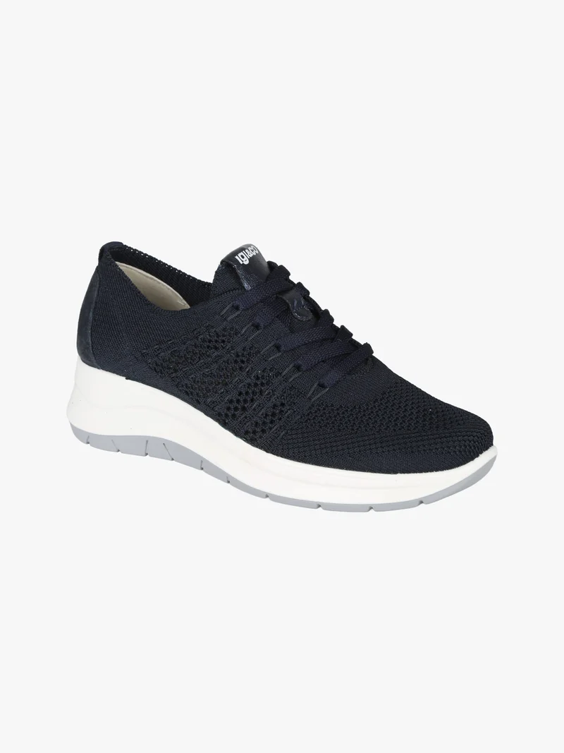 Sneakers donna in maglia con plantare in pelle e zeppa - blu scuro