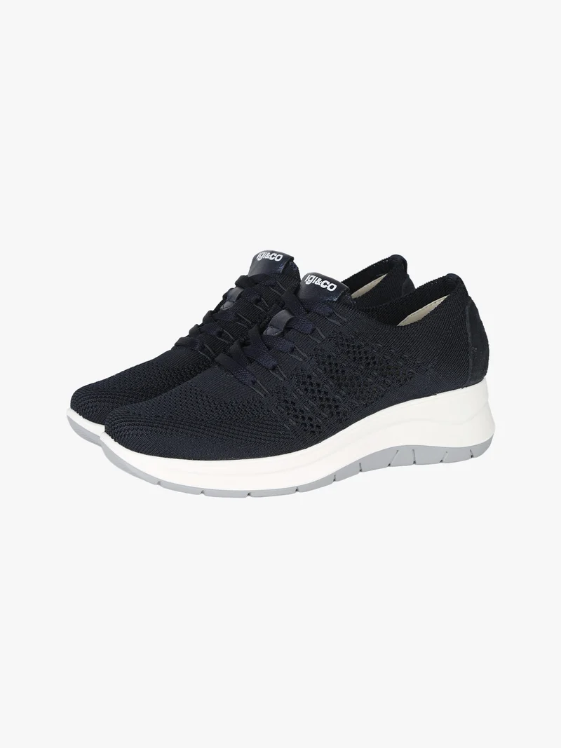 Sneakers donna in maglia con plantare in pelle e zeppa - blu scuro